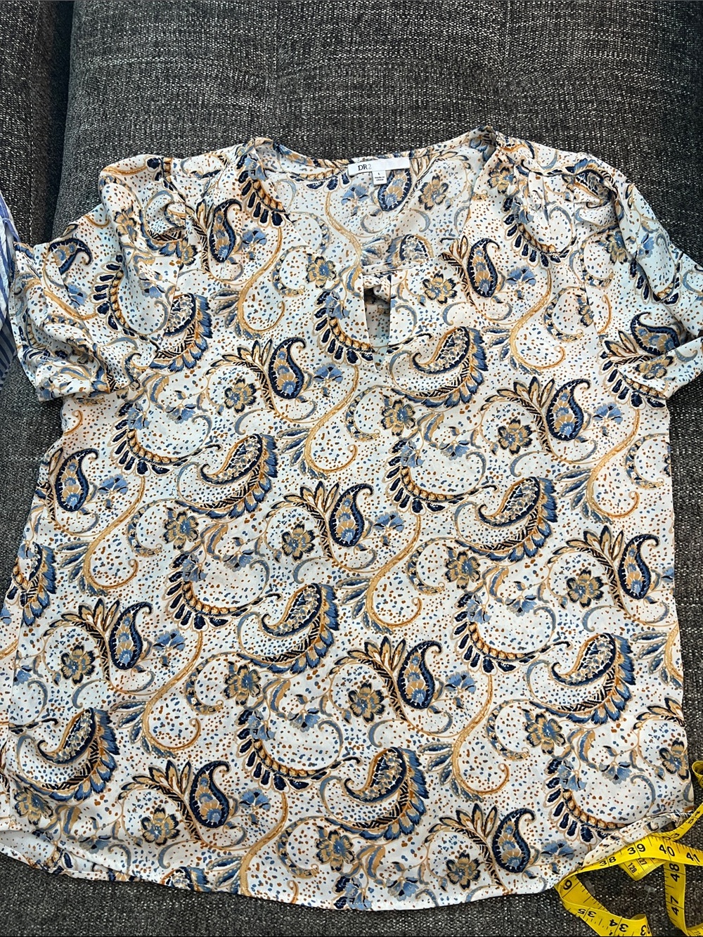 DR2 Cream Blouse with Blue and Tan Paisley Print